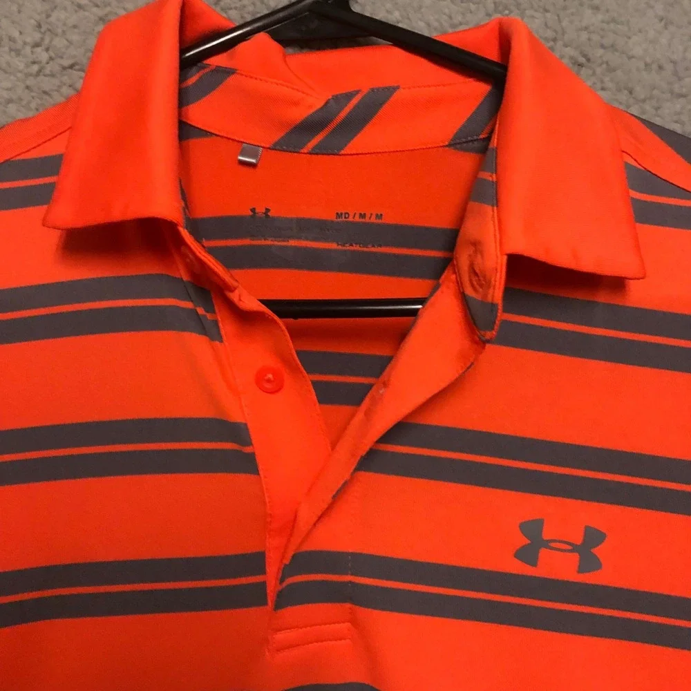 Under Armour Mens Medium HeatGear Polo Shirt Orange Gray Striped Golf Athletic